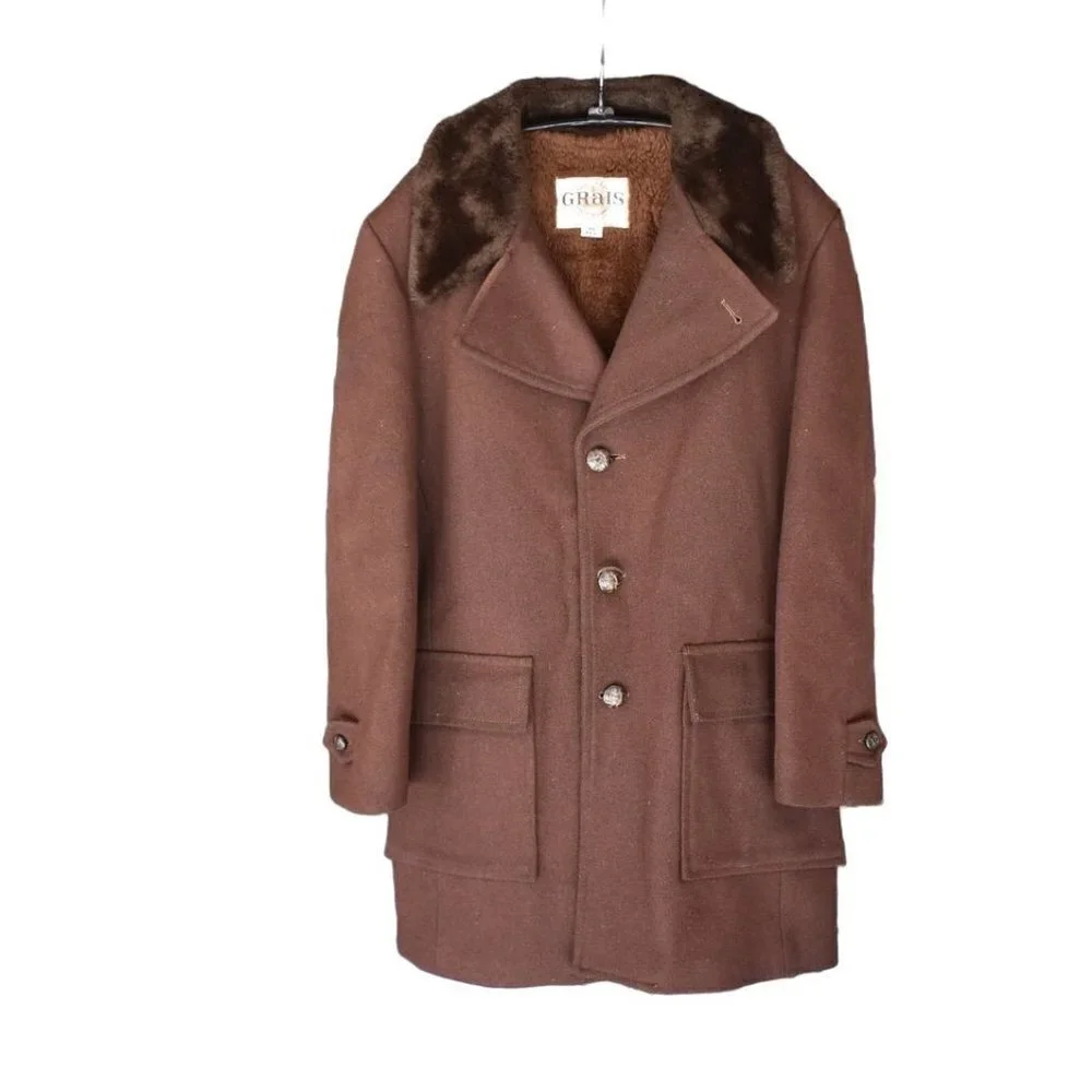 Vintage Men's 80's Grais Brown Wool Blend Trench Coat Faux Fur Collar & Lining 4 - Picture 1 of 6